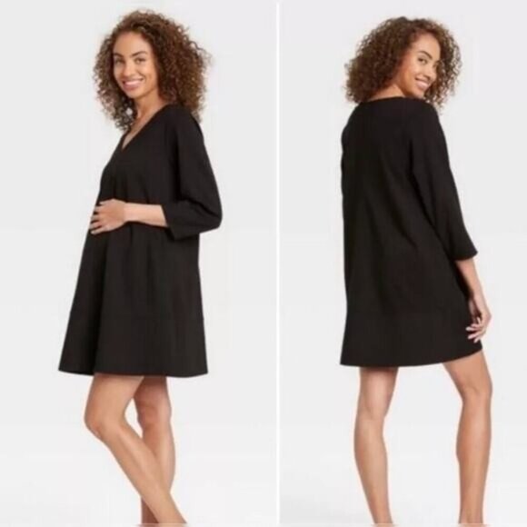 The Nines By HATCH Maternity Dress Black V Neck Ponte Knit A-Line Mini M - Picture 1 of 8